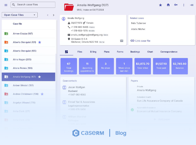 Screenshot of the case file dashboard in case management software displaying client information, appointments, clinical records, billing activity, and case details