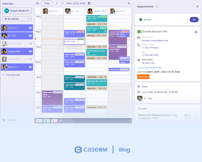 Screenshot of practice management software showing an appointment in Arrived status within the scheduling calendar and ready for clinical and billing workflows