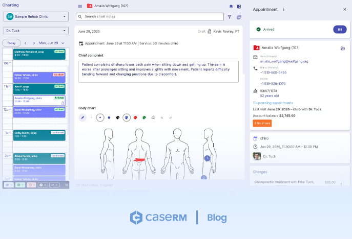 Screenshot of clinical charting software displaying a draft chart note with a chief complaint, body chart, and documentation linked to a patient appointment