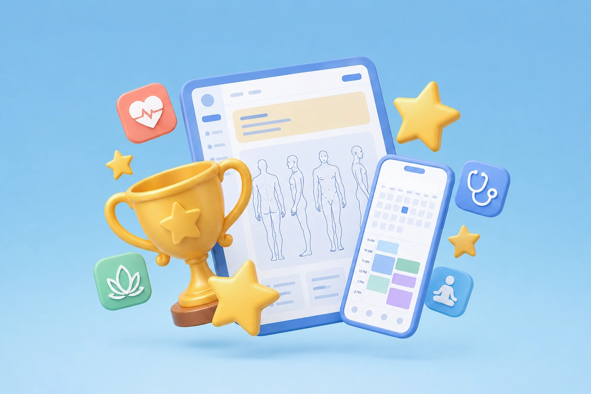 Modern clinic management software showing mobile appointment scheduling, clinical documentation, and practice management tools for health and wellness providers