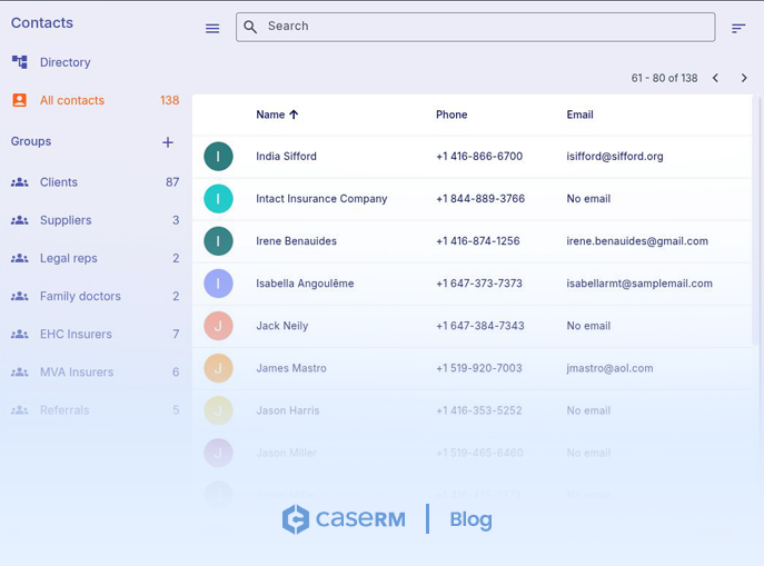 Screenshot of the contacts directory in practice management software displaying patients, providers, organizations, and other contact records