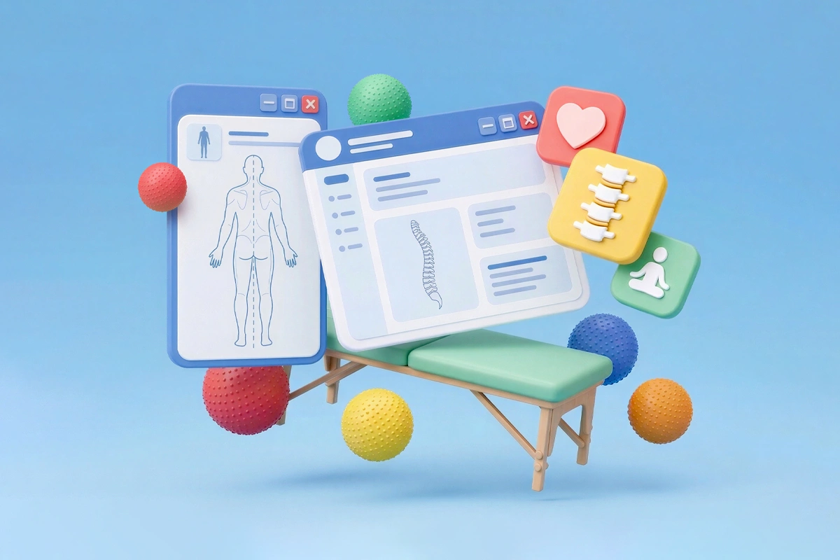 Floating tablet and browser displaying body and spine charts above a chiropractic treatment table with exercise balls and wellness icons