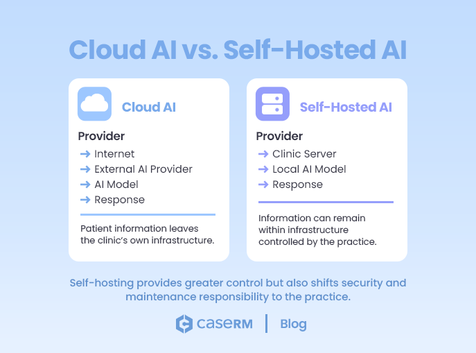 Comparison of cloud AI and self-hosted AI for handling patient information in healthcare practices