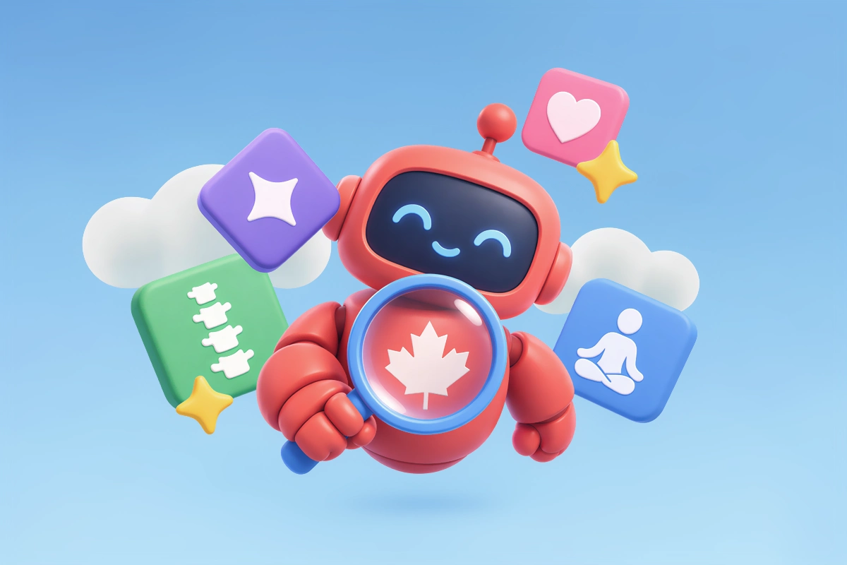 Friendly red robot holding a magnifying glass over a maple leaf on its chest, with floating icons representing AI, spine care, heart health, and yoga