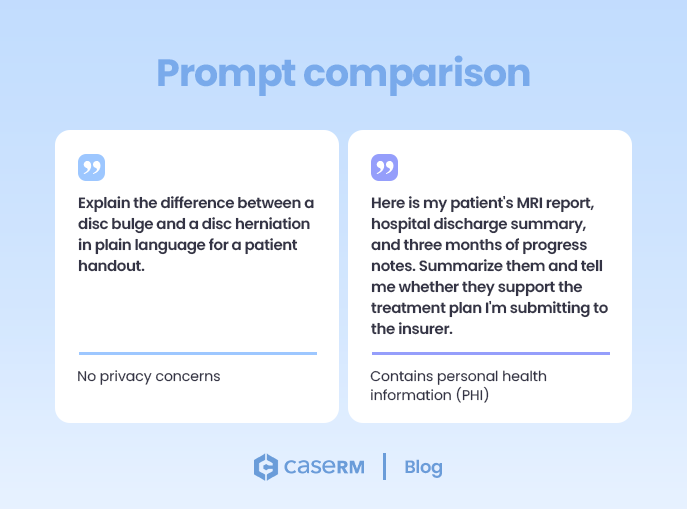 Prompt comparison: a general patient-handout request next to a request to review a patient's records against a treatment plan.